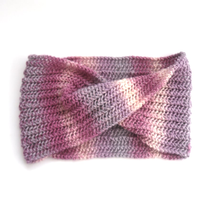 Pink Striped hand knitted wool cowl scarf 