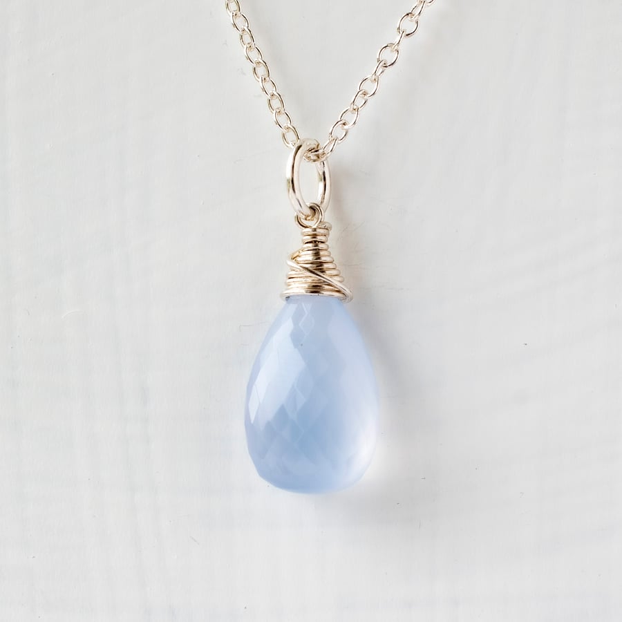 Blue Chalcedony Briolette pendant necklace on Sterling Silver chain