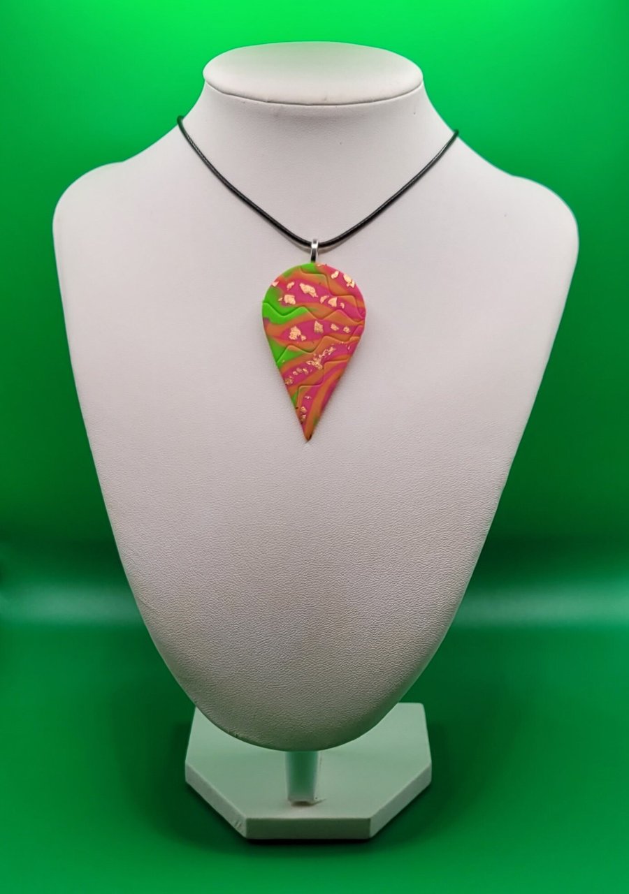 Bold Teardrop Polymer Clay Necklace, Artisan Statement Jewelry (60 mm x 30 mm)