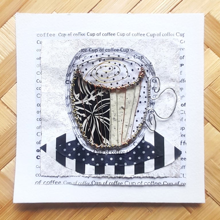 Wire Cup of Coffee in black white cream. Handmade Art. Perfect for Coffee Lovers