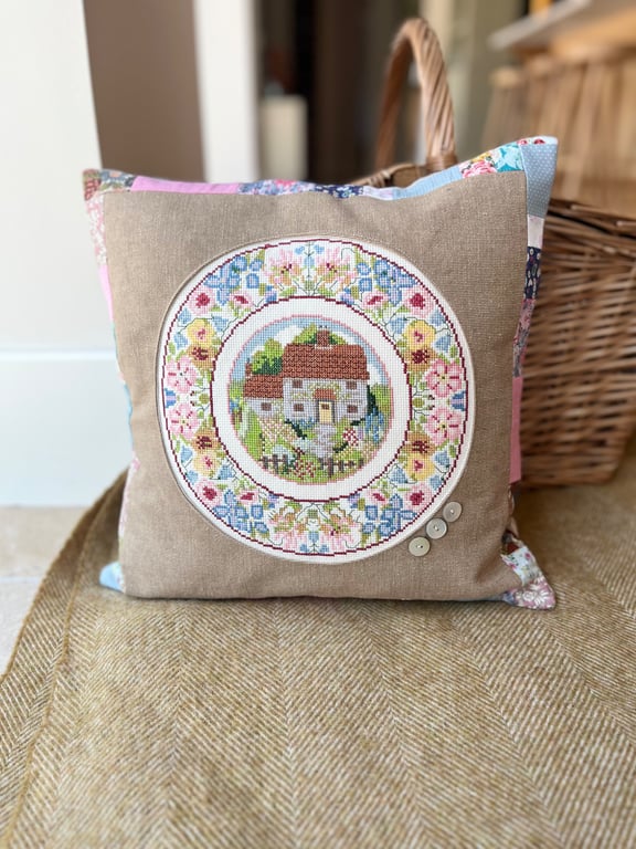 Summer - rescued cross stitch and patchwork cushion