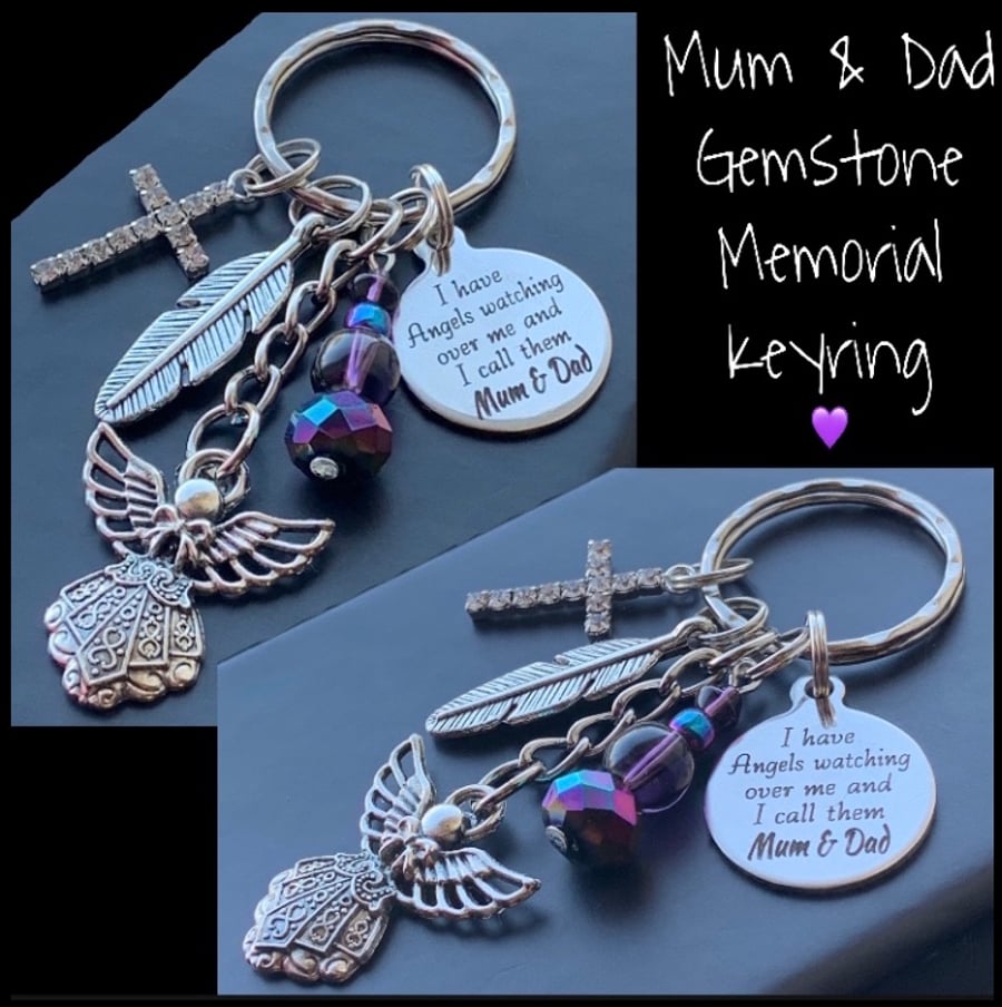 Mum & Dad Gemstone Memorial Keyring Heaven Angel Keepsake  