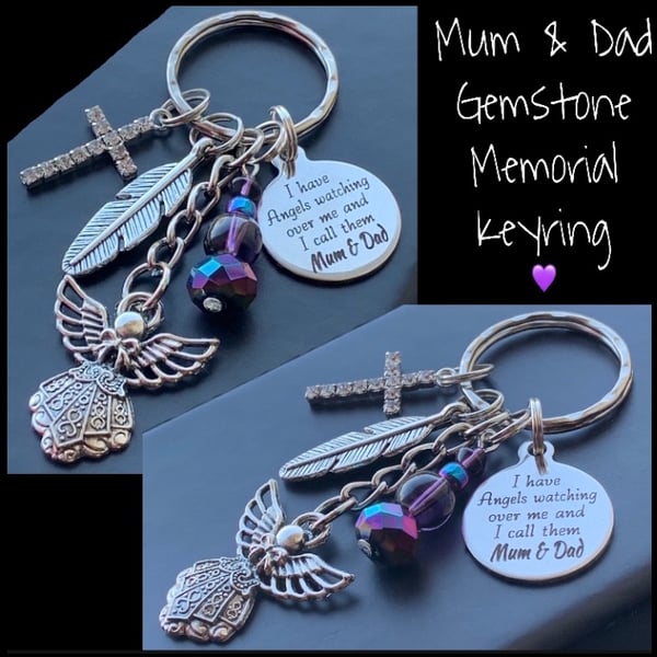 Mum & Dad Gemstone Memorial Keyring Heaven Angel Keepsake  