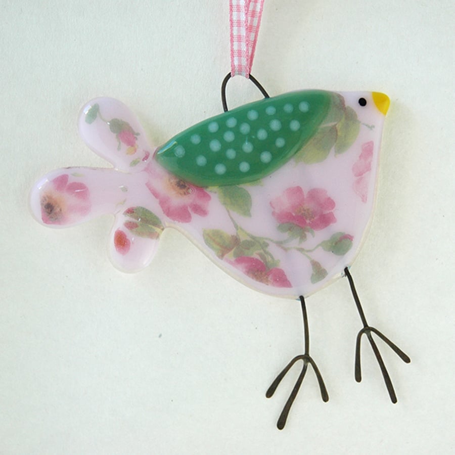 Pink Roses Fused Glass Bird Decoration
