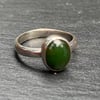 Rich Green Jade Cabochon on Sterling Silver Ring, 100% Handmade, U.K. size Q