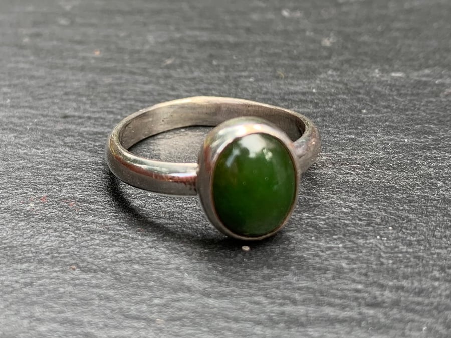Rich Green Jade Cabochon on Sterling Silver Ring,  100% Handmade, U.K. sizes