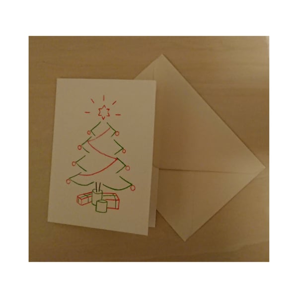 Christmas Tree handdrawn card from handcut stencils, blank inside
