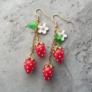 Strawbery Earrings, Dangle Food Earrings, Fruit Jewellery, Red