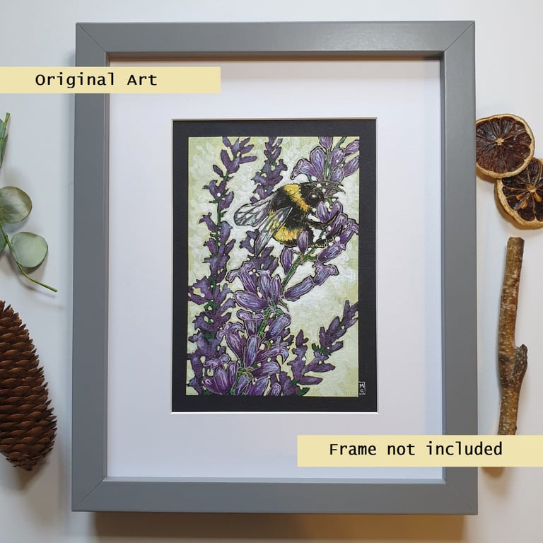 Bee on Lavender original artwork, wall art, drawing
