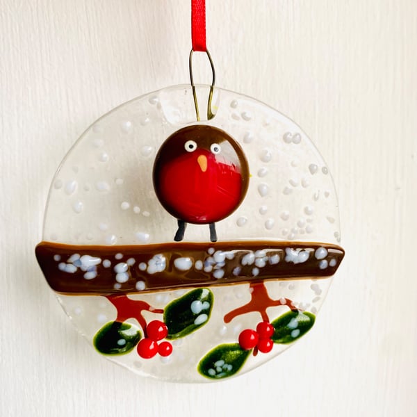 Fused glass hanging robin holly decoration 