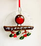Fused glass hanging robin holly decoration 