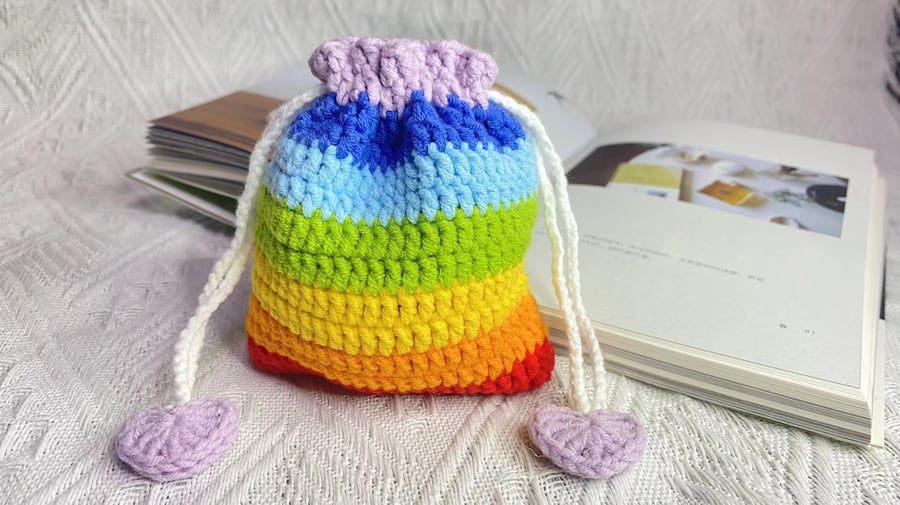 Crochet Rainbow Drawstring Bag