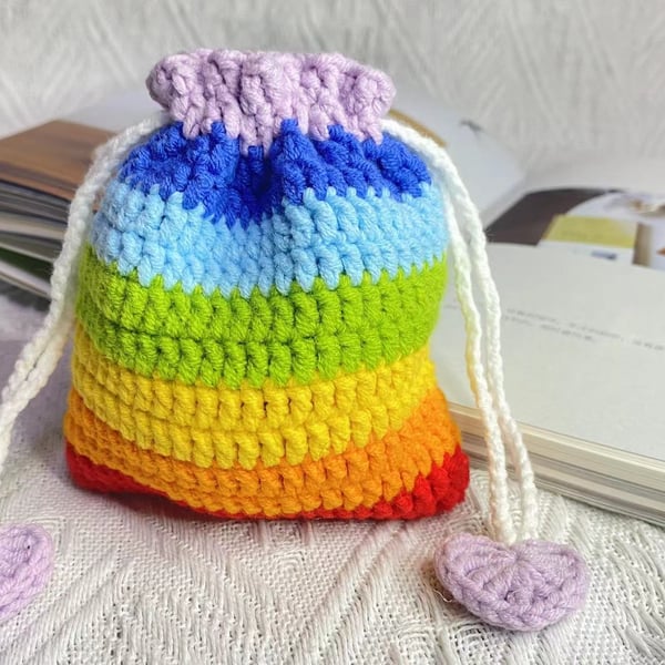 Crochet Rainbow Drawstring Bag