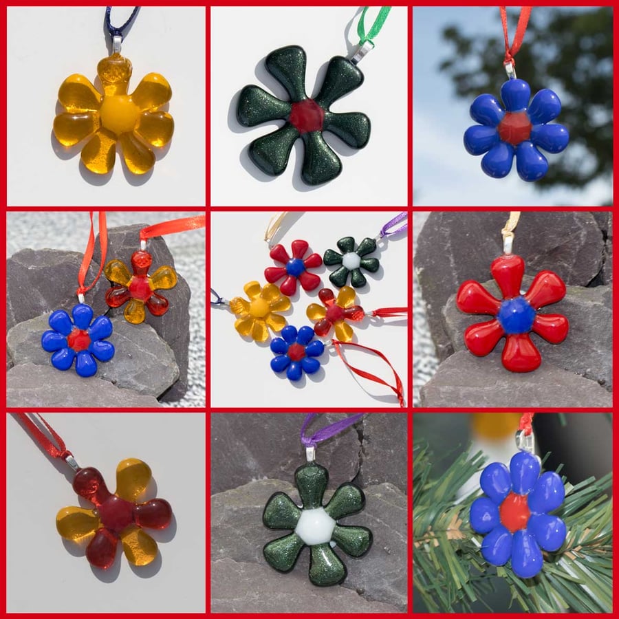 Pair of Small Flowers - Fused Glass Decorations - 6083