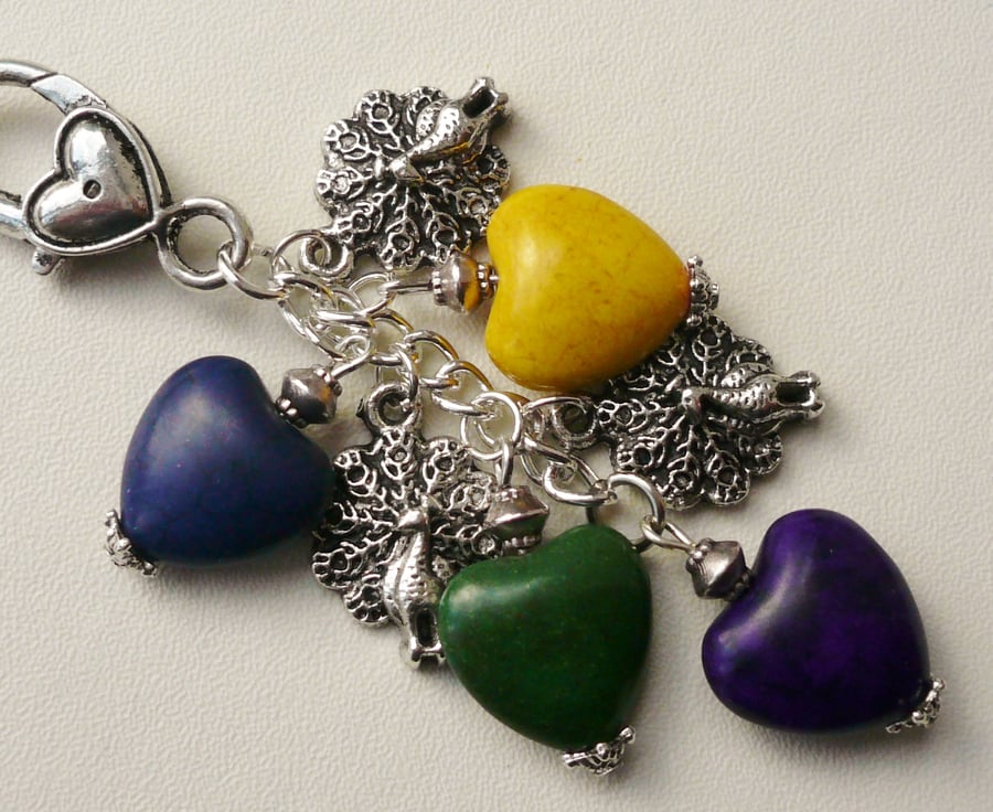 Howlite Hearts and Tibetan Silver Peacock Themed Handbag Charm  KCJ1110