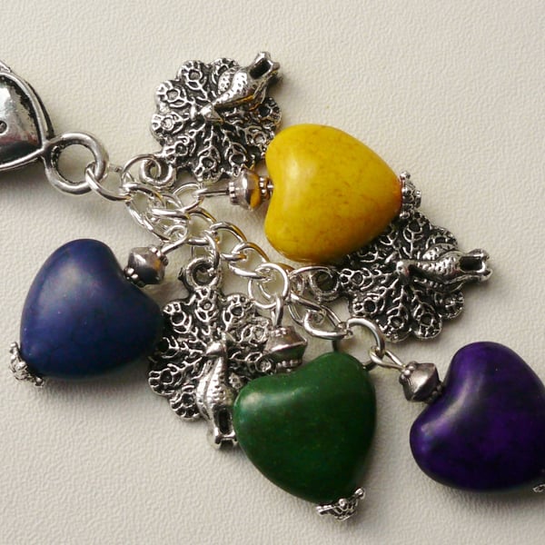 Howlite Hearts and Tibetan Silver Peacock Themed Handbag Charm  KCJ1110