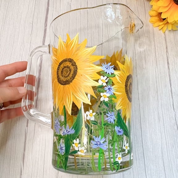 Glass Jug Hand painted with Sunflowers