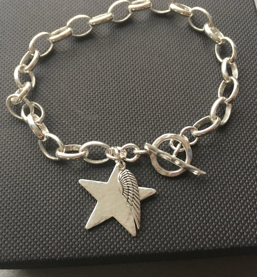 Sterling Silver Star Charm Bracelet, 925 Silver Angel Wing Bracelet