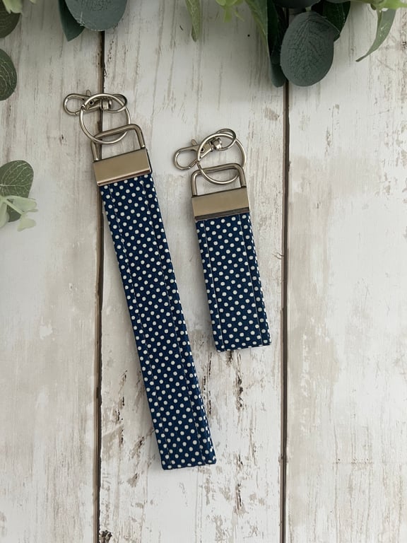 Key Fob Wristlet Set in Navy & White Polka Dots Fabric, Bag Strap, Key Ring