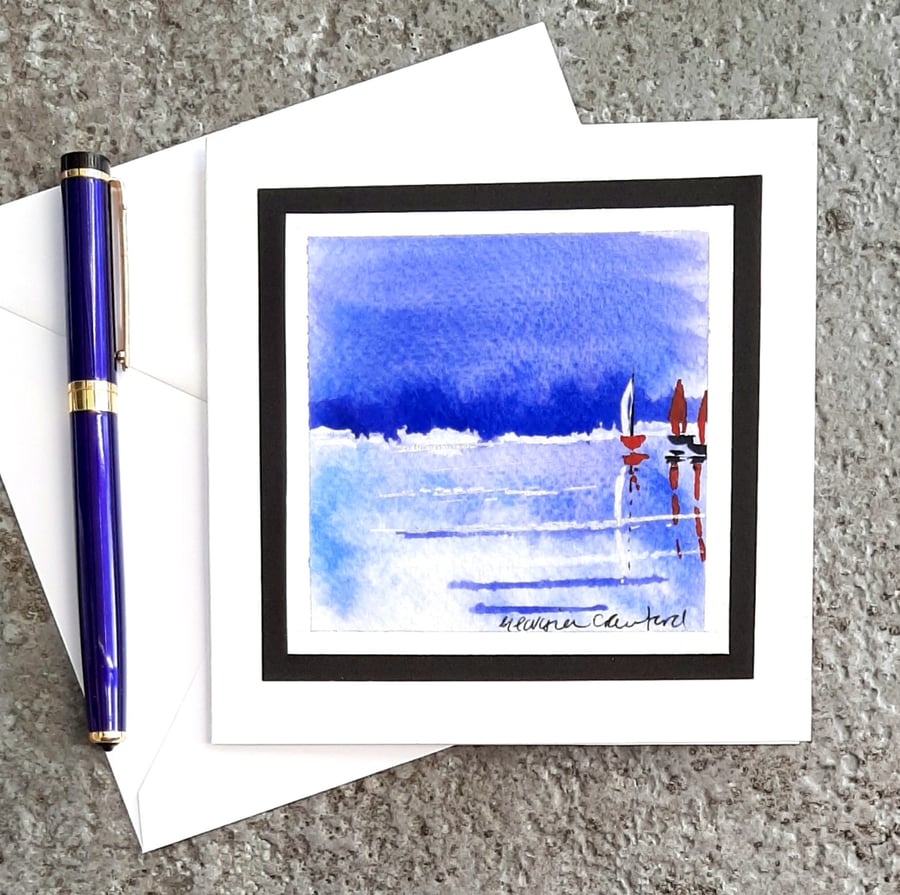 Red Boats.  Hand Painted Greetings Card. Blank For Your Own Message. 