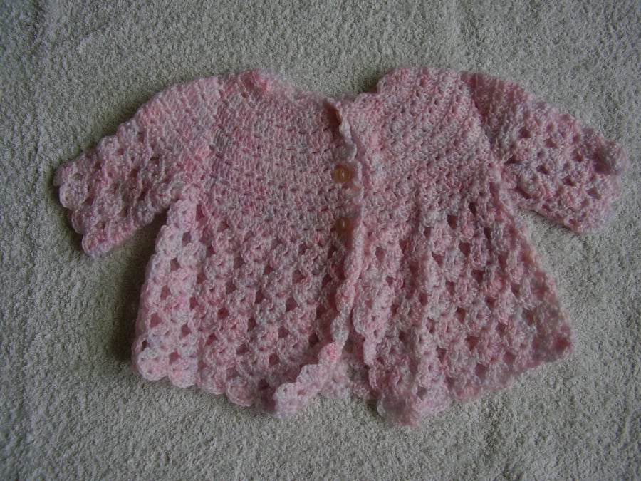 Crochet Baby Cardigan in Mottled Pink Acrylic