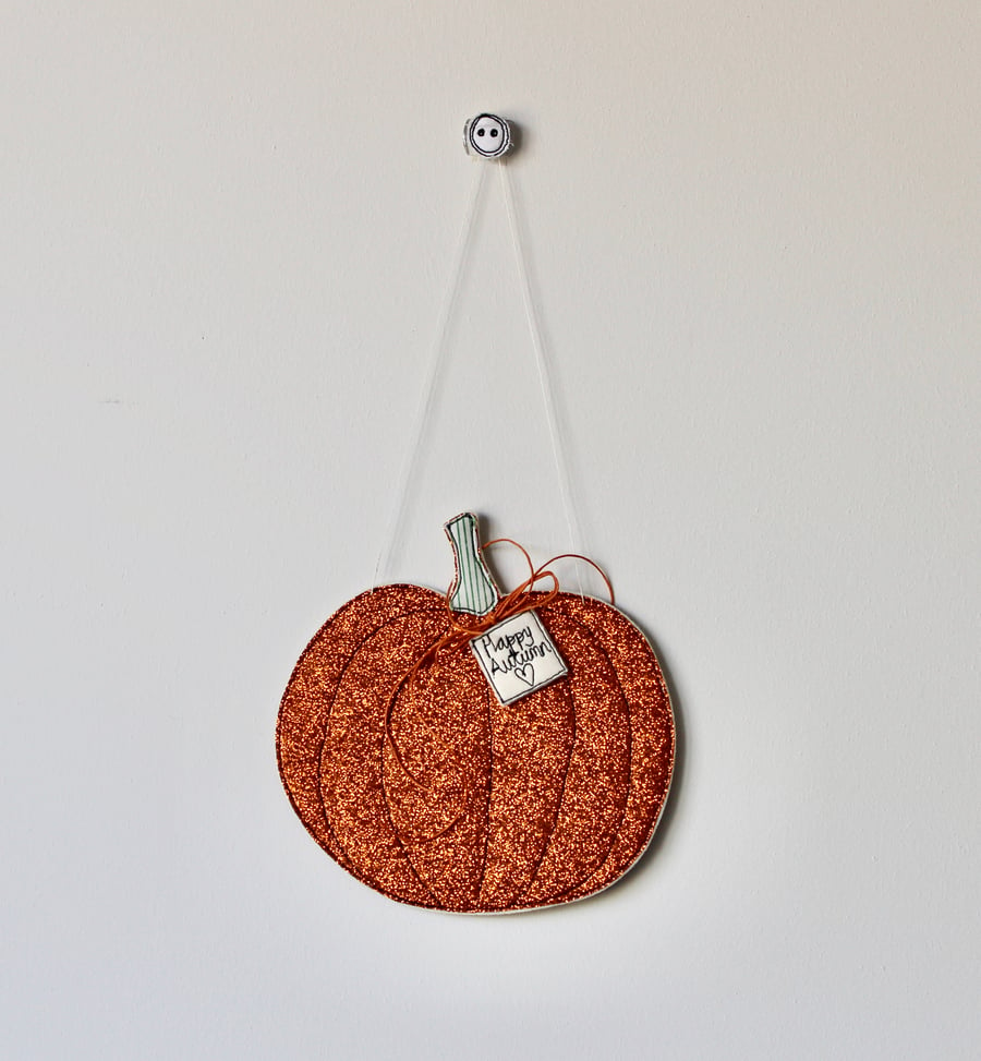 'Happy Autumn' Glittery Pumpkin - Hanging Decoration