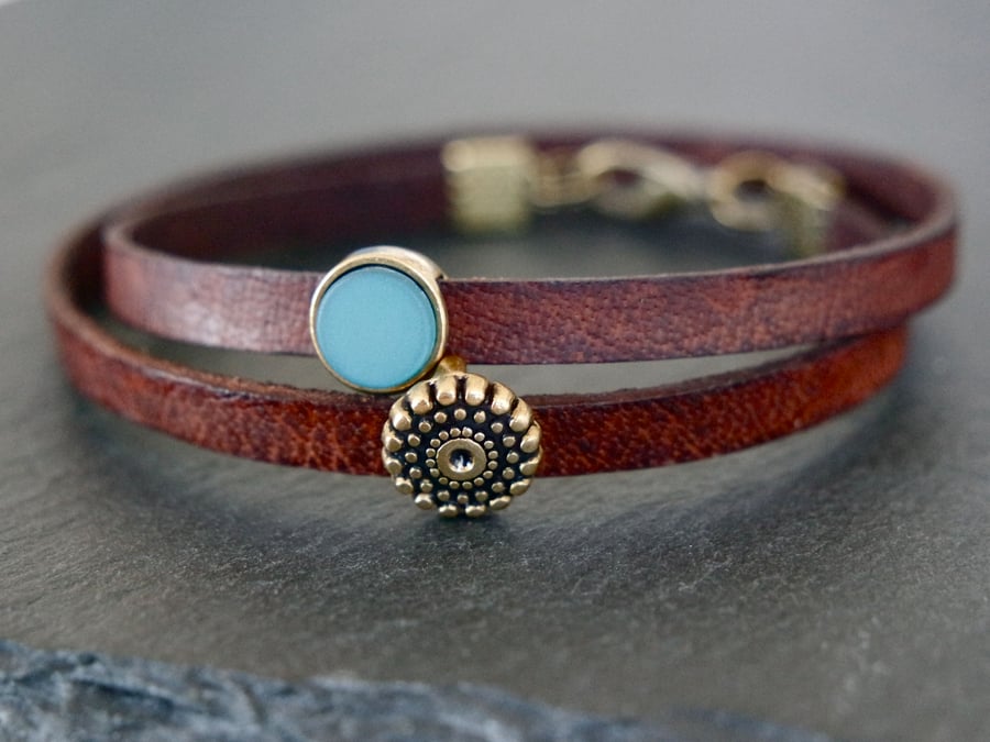 Leather wrap bracelet - dots teal antique-gold brown