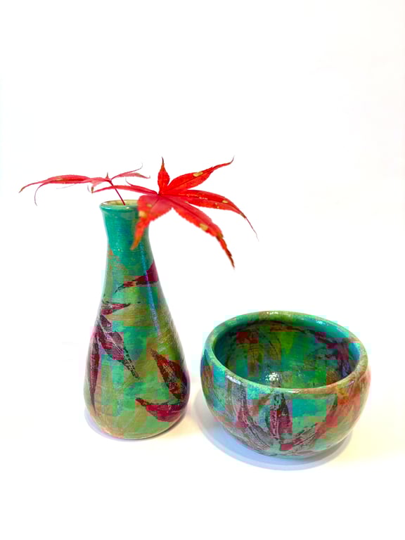 ACER MAPLE LEAF VIBRANT CERAMIC  STONEWARE POTTERY VASE AND BOWL