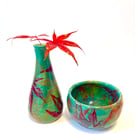 ACER MAPLE LEAF VIBRANT CERAMIC  STONEWARE POTTERY VASE AND BOWL