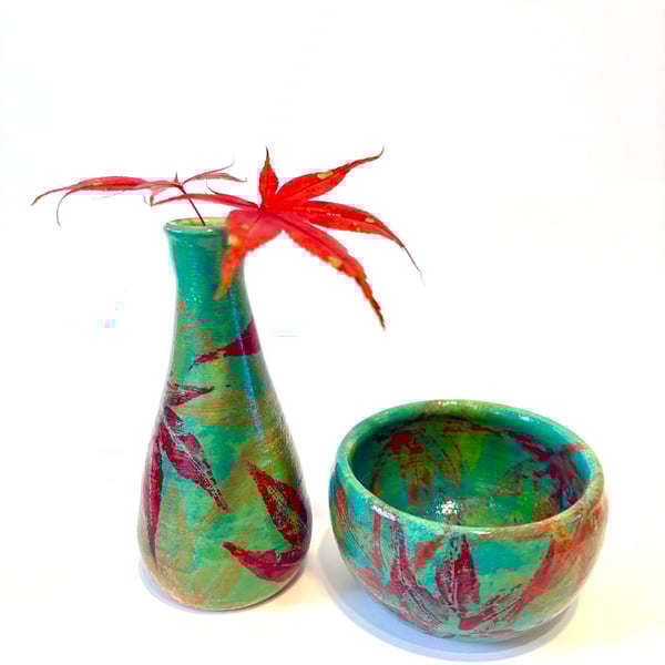 ACER MAPLE LEAF VIBRANT CERAMIC  STONEWARE POTTERY VASE AND BOWL