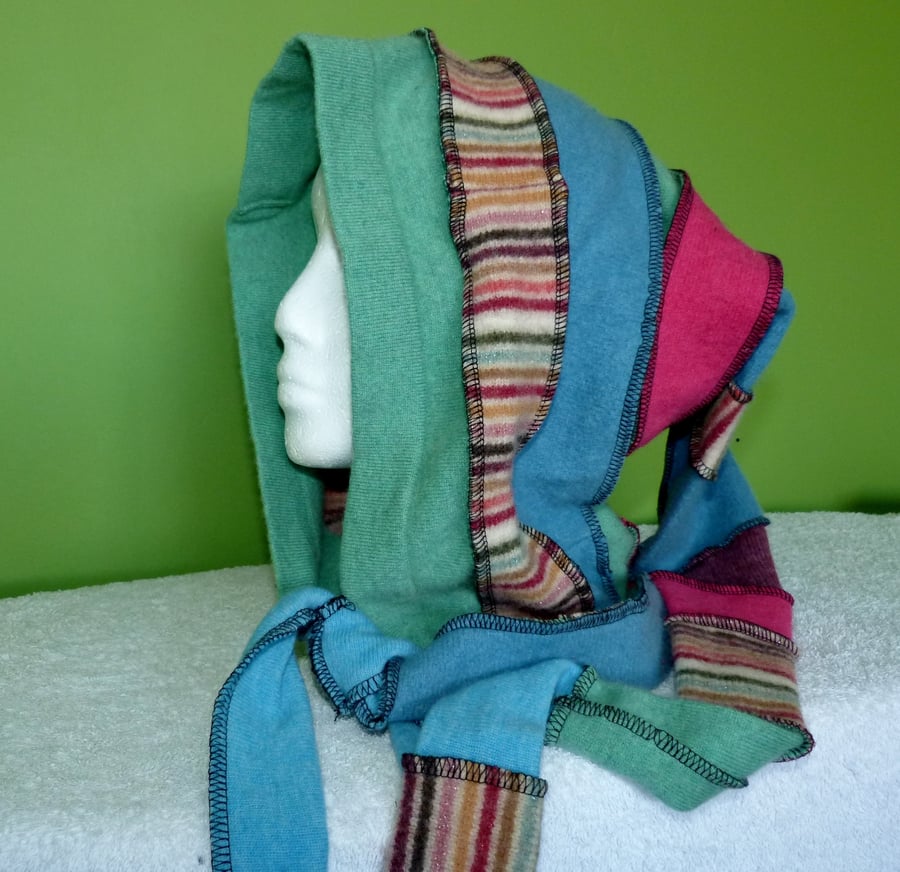 Upcycled Hood  with long Neck Ties.  Pink Blue and Green. Faerie Festival Wear.