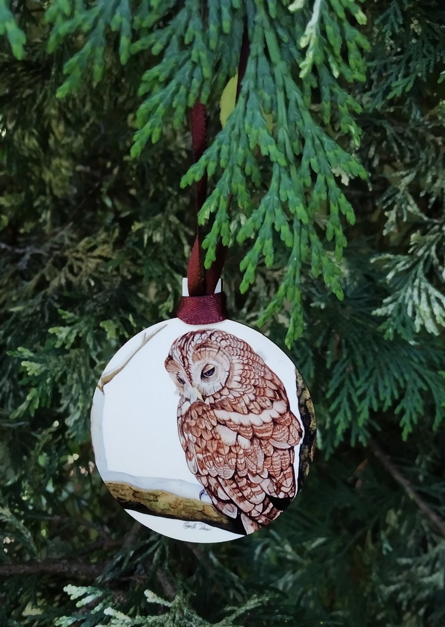 Owl Christmas decoration, Tawny owl watercolour, bird watercolour, owl lovers