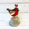 Handmade Wooden Robin with Wool tweed flat cap, scarf and Heart