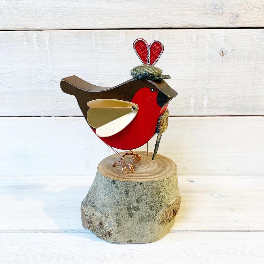 Handmade Wooden Robin with Wool tweed flat cap, scarf and Heart