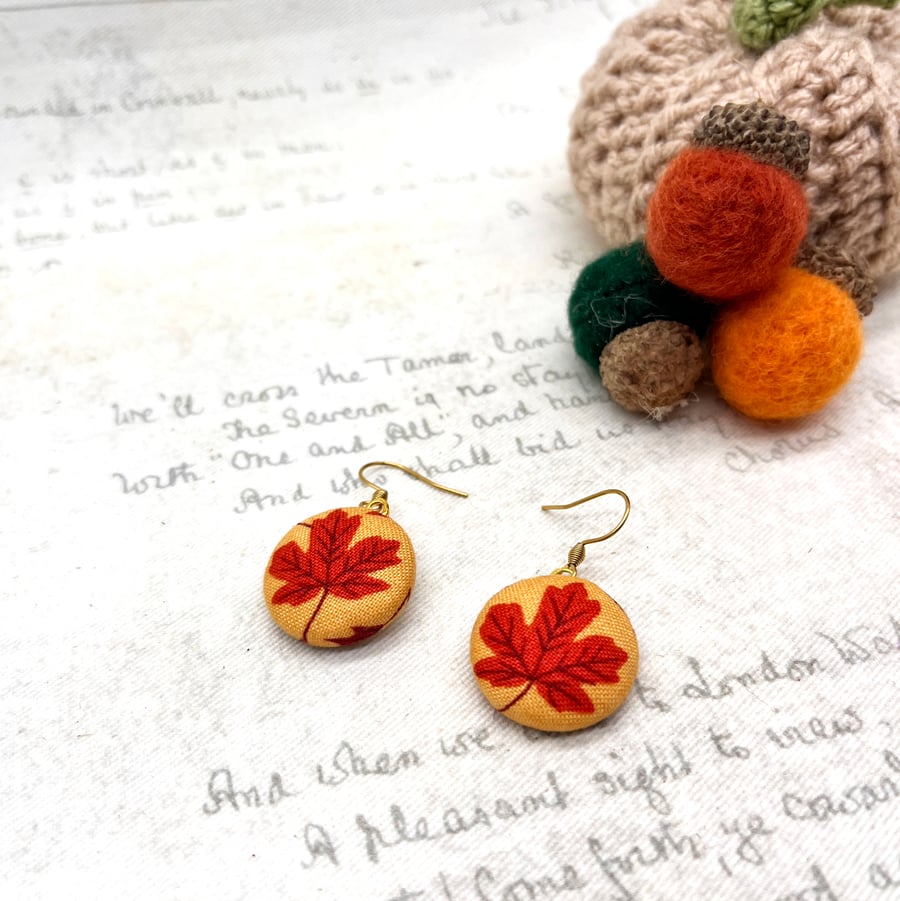 Burnt orange maple leaf fabric button dangle earrings autumn lover