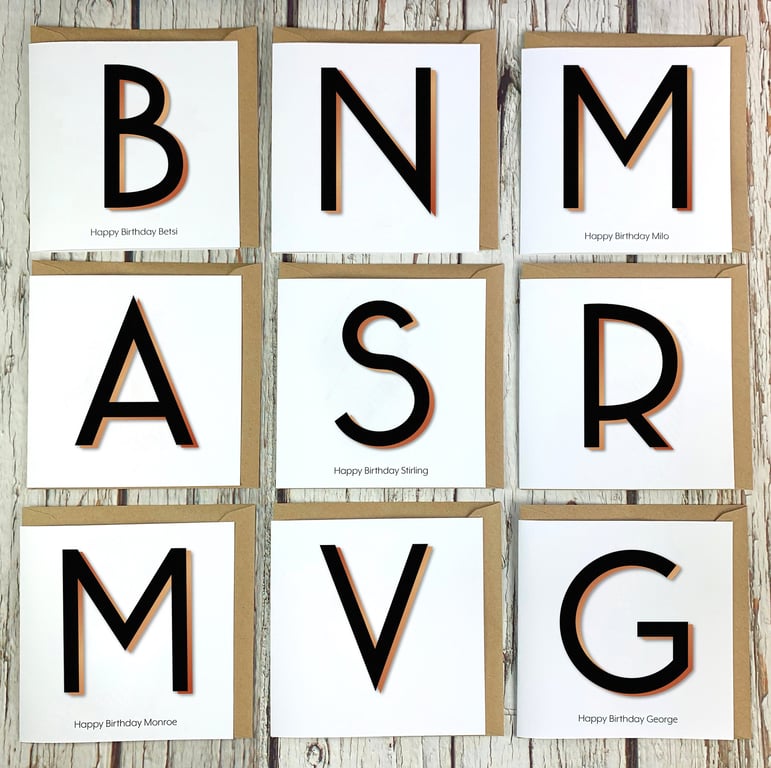 Custom Birthday Card. Personalised Black Handmade Greetings. Letters 'Branson'