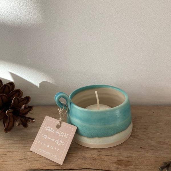 Ceramic handmade Tealight cup - Glazed in turquoise and greens 