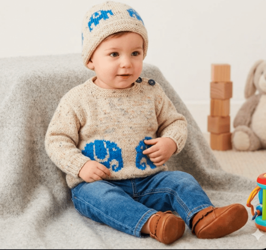 Knitting Pattern Elephant Sweater and Hat.  Digital Knitting Pattern