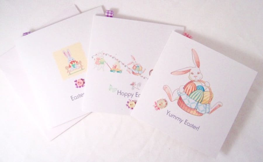 Easter Greeting Cards,Pack of 3,'Vintage Bunnies' Printed Design