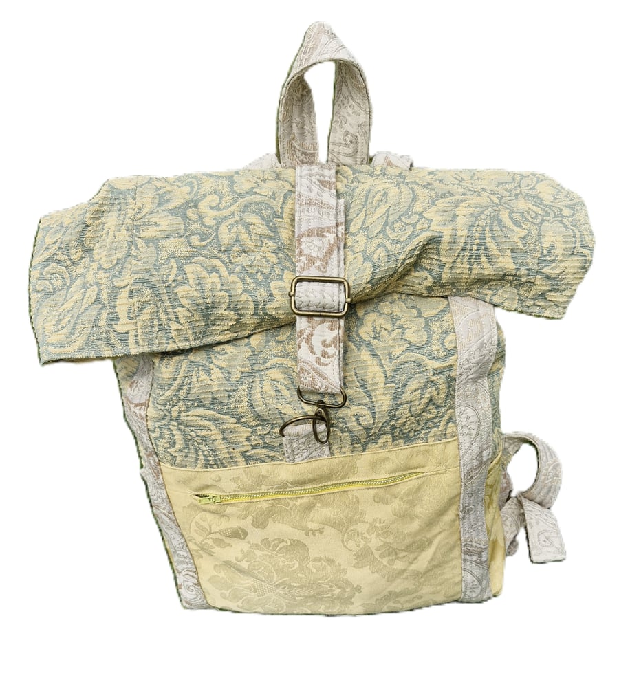 Perfectly imperfect large green and yellow roll top backpack or rucksack