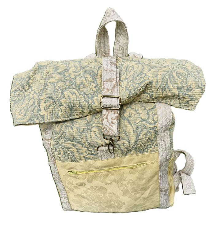 Perfectly imperfect large green and yellow roll top backpack or rucksack
