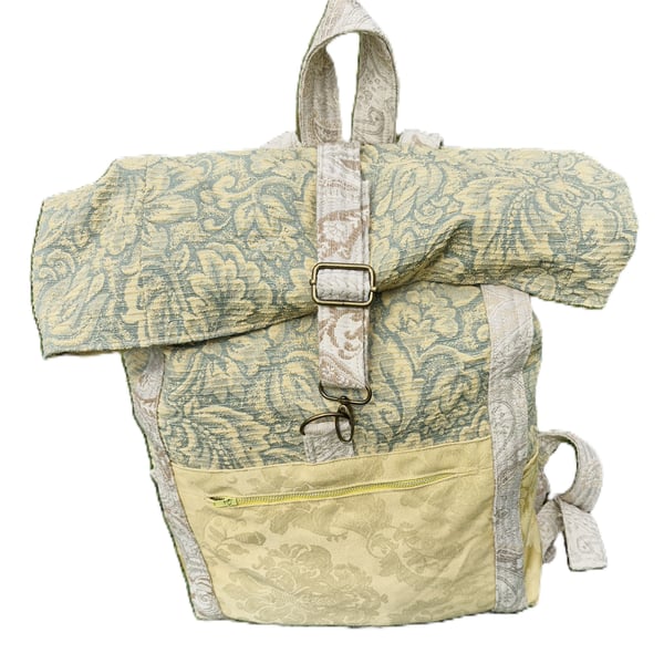 Perfectly imperfect large green and yellow roll top backpack or rucksack