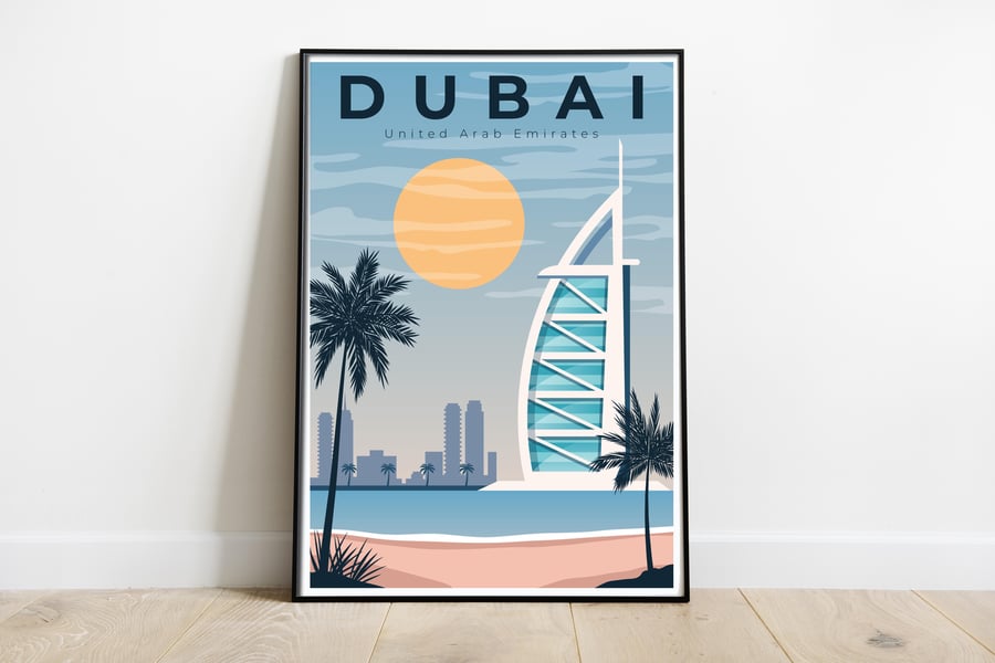 Dubai retro travel poster, Dubai wall art