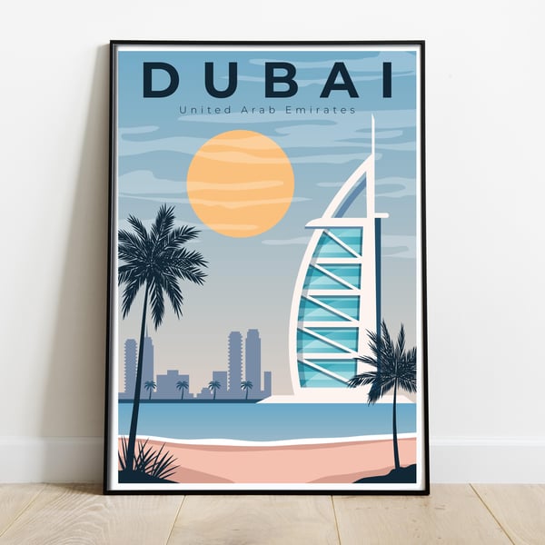 Dubai retro travel poster, Dubai wall art