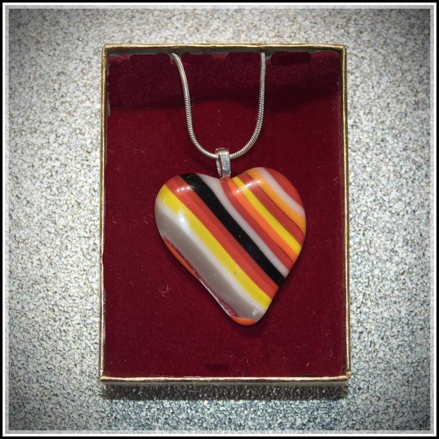 Multi-Coloured Striped Fused Glass Heart Shaped Pendant - 1009