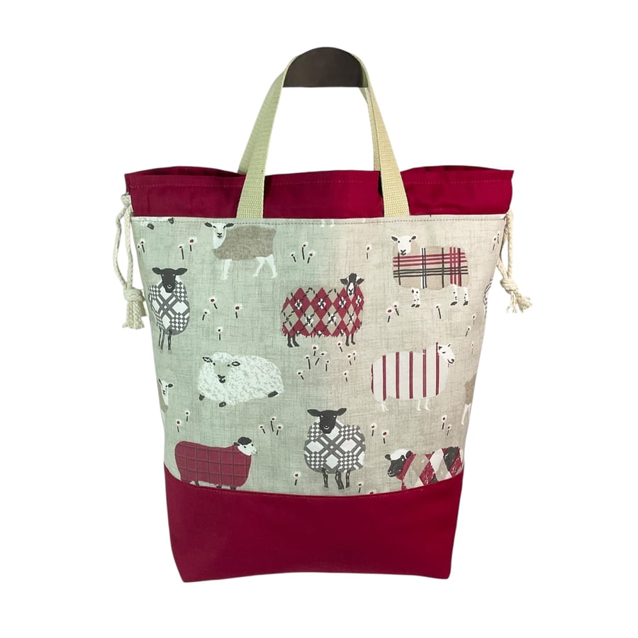 Extra Large drawstring knitting bag with red sheep print, multi pockets project 