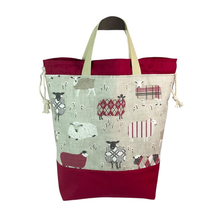 Extra Large drawstring knitting bag with red sheep print, multi pockets project 