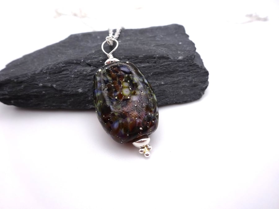 brown lampwork glass pendant necklace, sterling silver chain jewellery