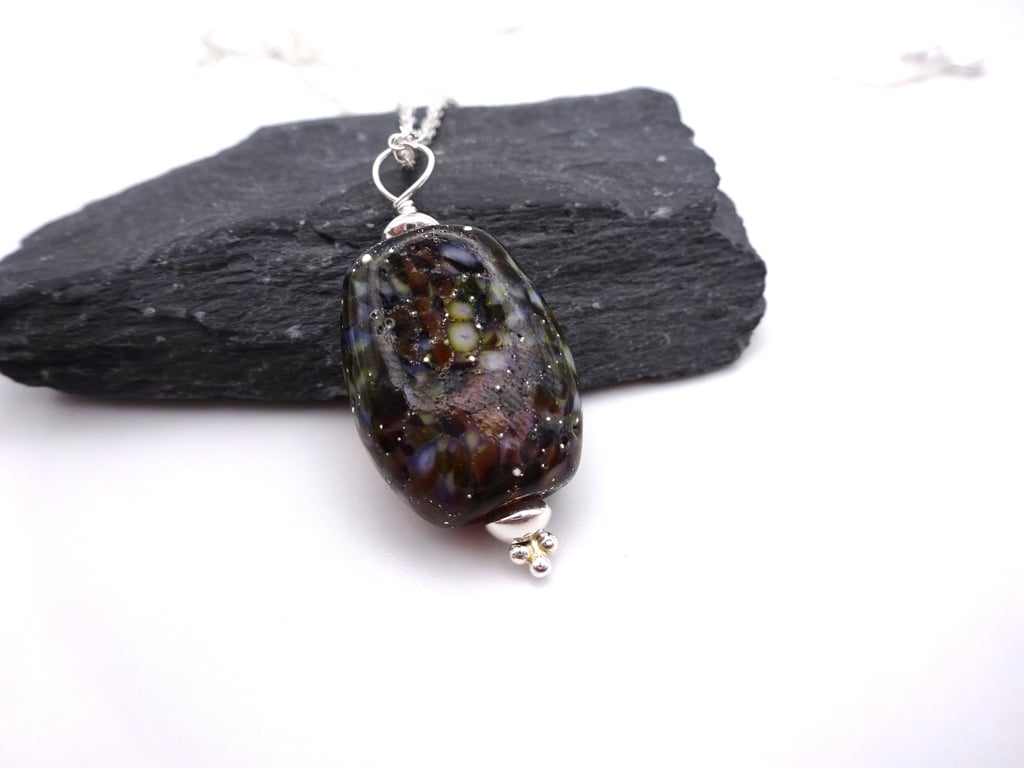 brown lampwork glass pendant necklace, sterling silver chain jewellery