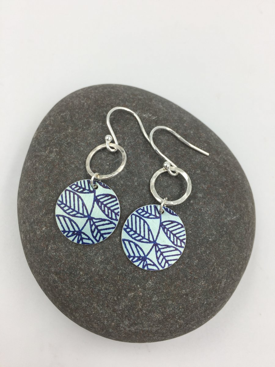 Pale teal circle  dangly earrings with leaf print and recycled silver ring 